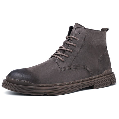 A single brown boot positioned on a white background, emphasizing its texture and style.