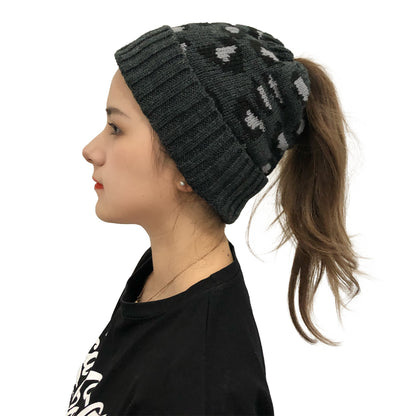 Leopard Jacquard Ponytail Knitted Woolen Hat