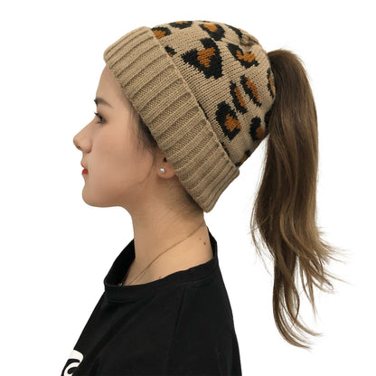 Leopard Jacquard Ponytail Knitted Woolen Hat