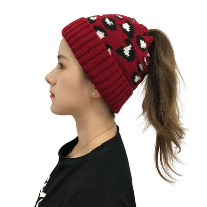 Leopard Jacquard Ponytail Knitted Woolen Hat