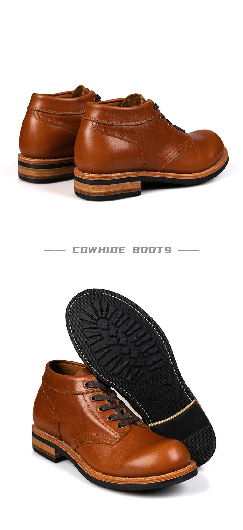 1. A pair of brown vintage boots made from top grain cowhide, showcasing a classic and stylish design.