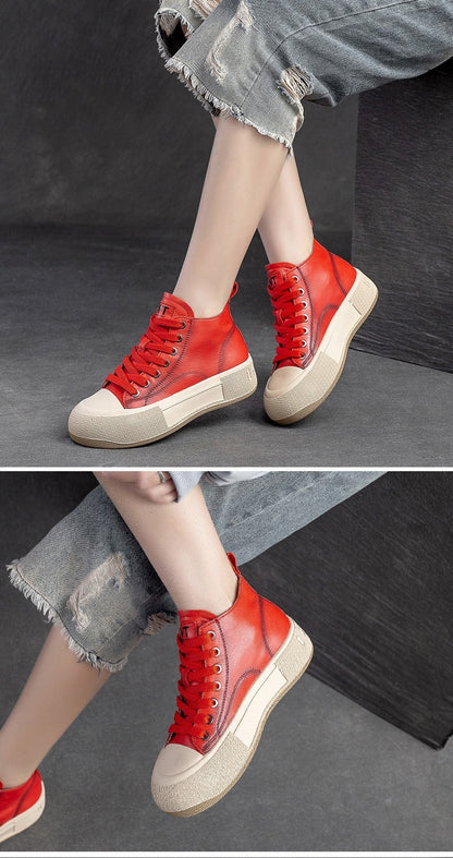 High-top Casual Sneakers First Layer Cowhide Toe Box Women's Shoes Vintage