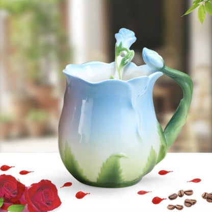  A coffee cup adorned with a delicate flower design, showcasing a blend of warmth and nature's beauty.