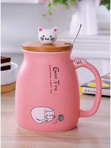 450ml Cartoon Ceramics Cat Mug With Lid and Spoon Coffee Milk Tea Mugs Breakfast Cup Drinkware Novelty Gifts