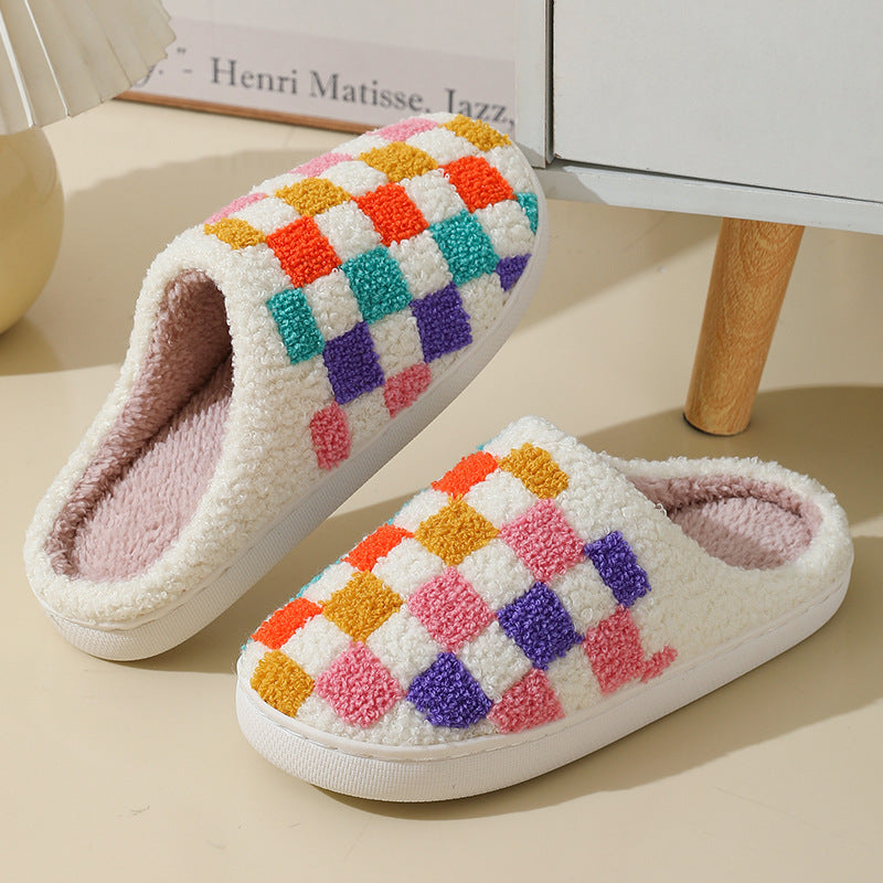 Fashion Colorful Checkerboard Home Slippers Couples Floor Bedroom Slipper Winter Warm Indoor House Shoes For Women And Men