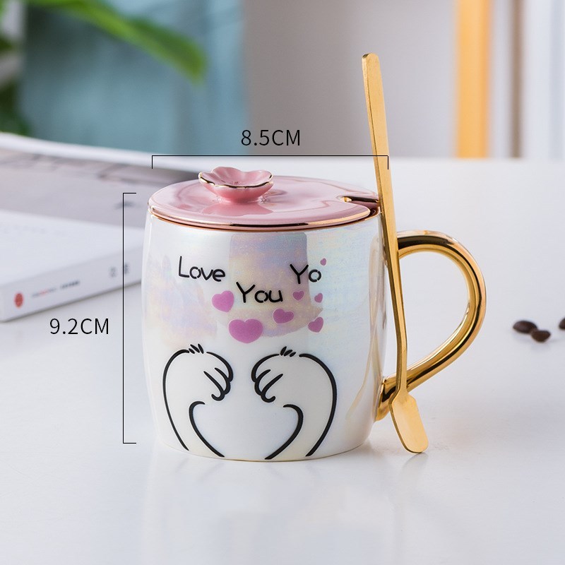 Cartoon Ceramics Mug With Lid and Spoon Coffee Milk Mugs Cute Creative Breakfast Cup Valentine's Day Wedding Birthday Gift