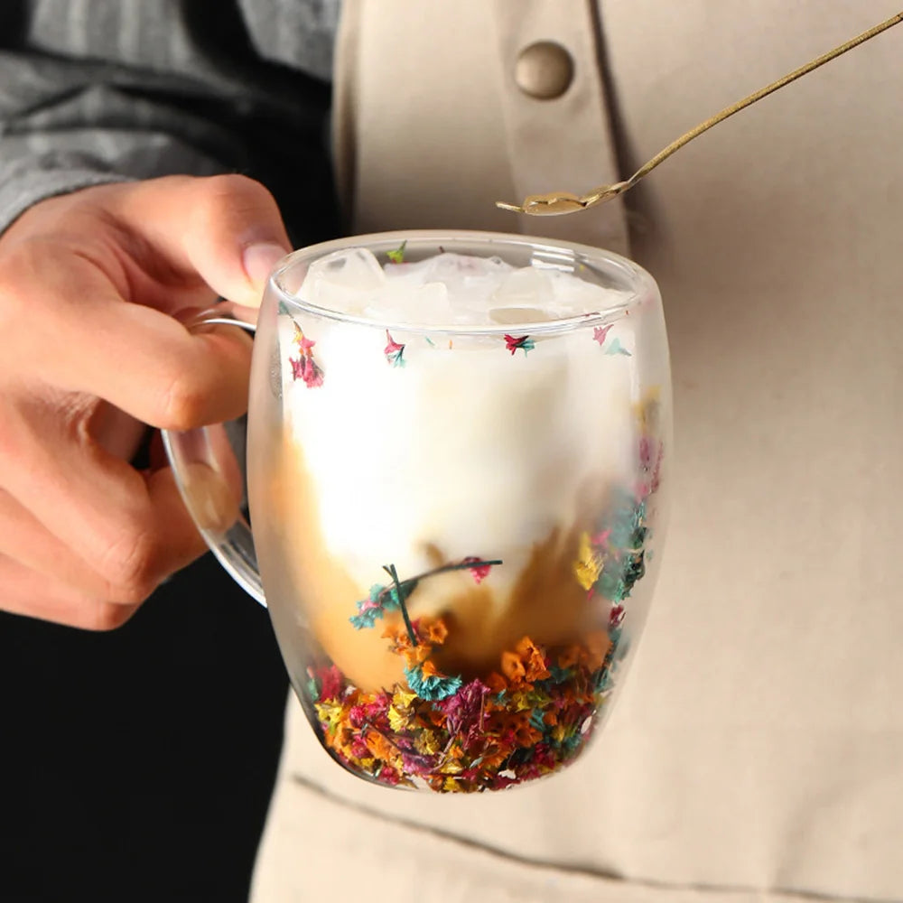 Dried Flower Double Wall Clear Glass Coffee Mugs Double Insulated Glass Cup For Hot Cold Beverages Cappuccino Latte Espresso Cup