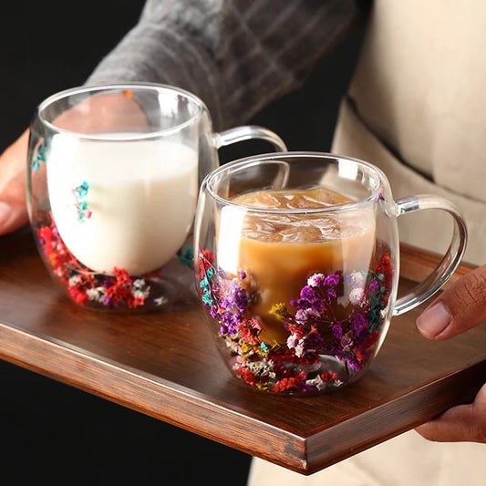 Dried Flower Double Wall Clear Glass Coffee Mugs Double Insulated Glass Cup For Hot Cold Beverages Cappuccino Latte Espresso Cup