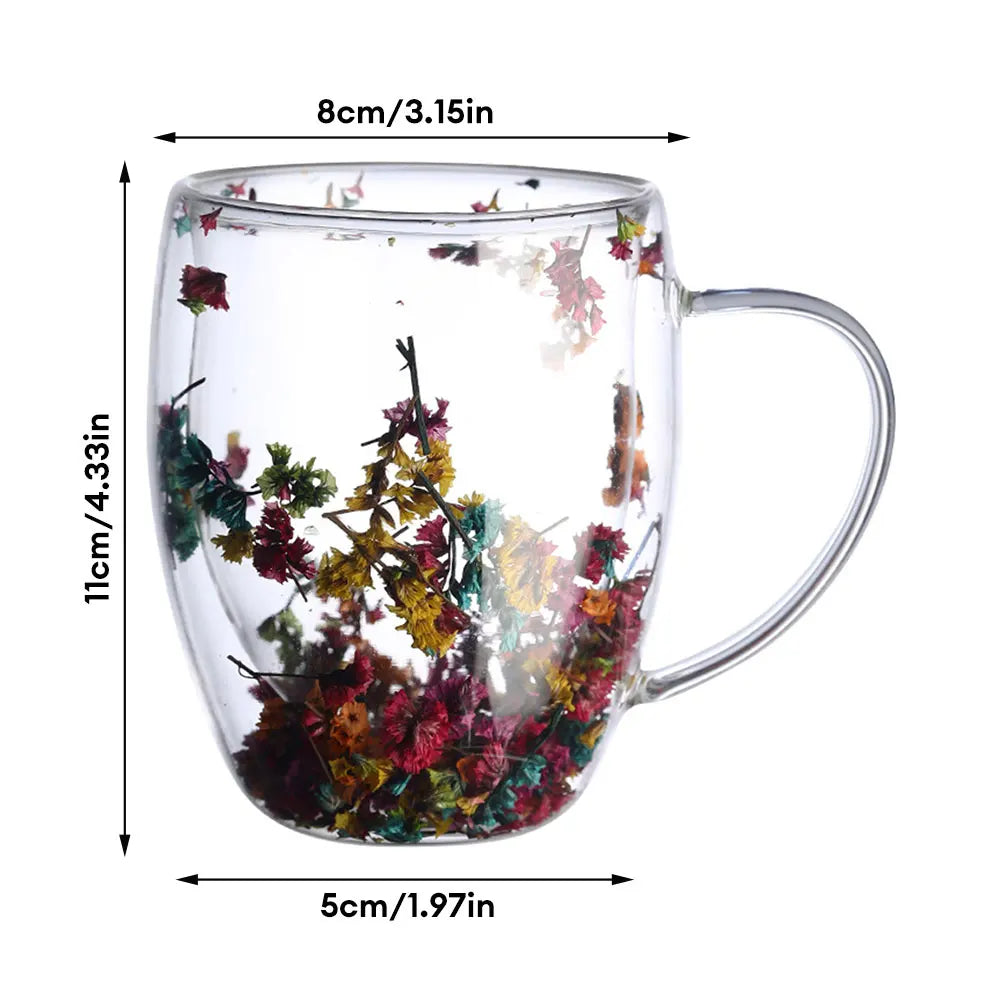 Dried Flower Double Wall Clear Glass Coffee Mugs Double Insulated Glass Cup For Hot Cold Beverages Cappuccino Latte Espresso Cup