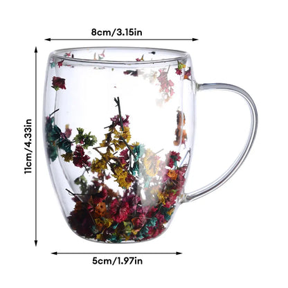 Dried Flower Double Wall Clear Glass Coffee Mugs Double Insulated Glass Cup For Hot Cold Beverages Cappuccino Latte Espresso Cup