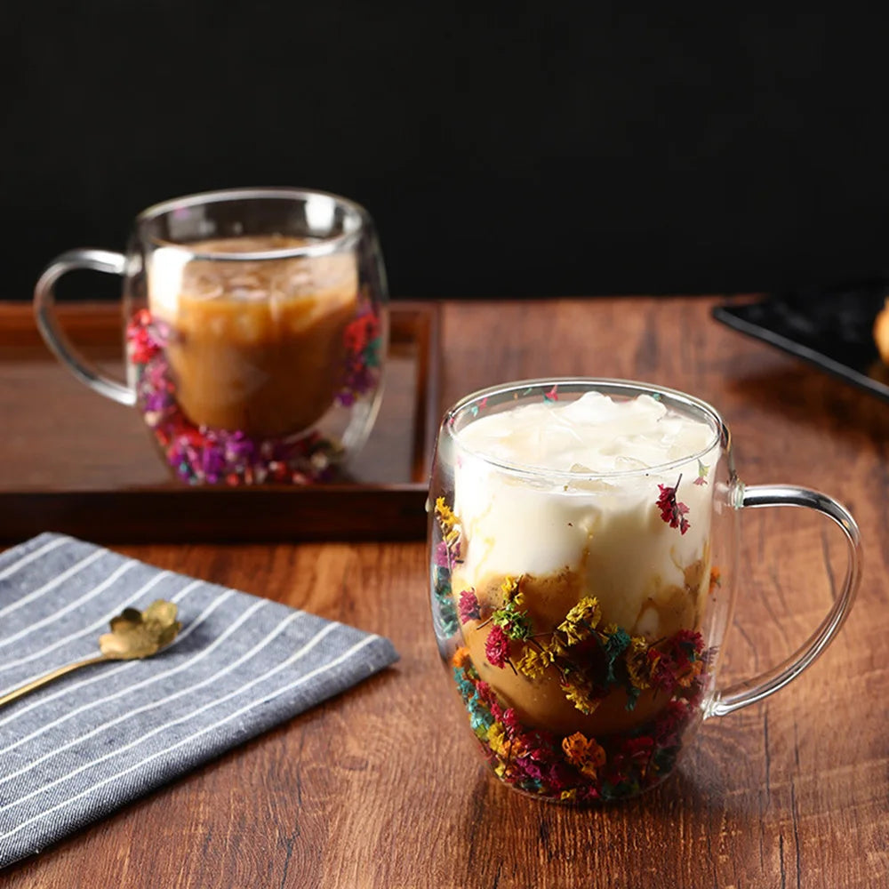 Dried Flower Double Wall Clear Glass Coffee Mugs Double Insulated Glass Cup For Hot Cold Beverages Cappuccino Latte Espresso Cup