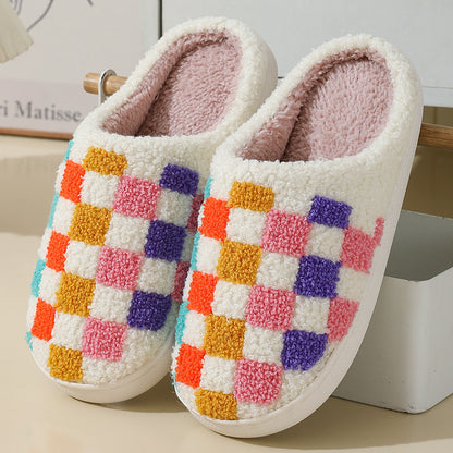 Fashion Colorful Checkerboard Home Slippers Couples Floor Bedroom Slipper Winter Warm Indoor House Shoes For Women And Men