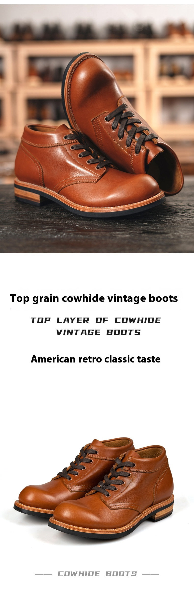  A pair of brown vintage boots made from top grain cowhide, showcasing a classic and stylish design.