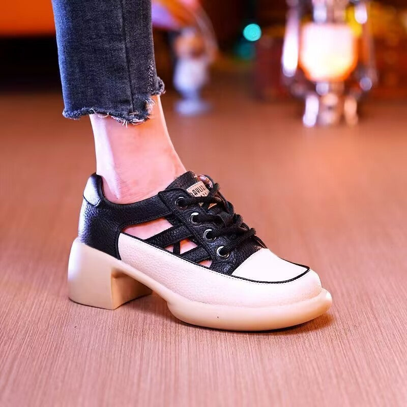 Women's Rubber Canvas Chunky Heel Round Toe Roman Lady Platform Hollow Sandals